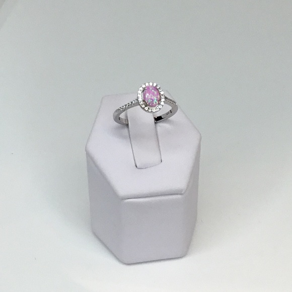 Sterling Pink Lab Opal and Clear CZ Oval Halo Ring - Picture 7 of 16